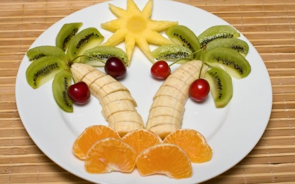 Food Fruit Fruits Banana Mandarin Cherry Kiwi Plate HD Wallpaper | Background Image