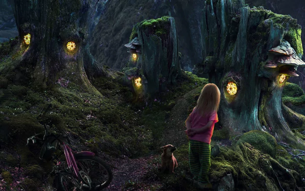 A little girl and her puppy explore a dark, enchanted forest with glowing mushrooms and mystical tree stumps, creating a captivating fantasy scene.