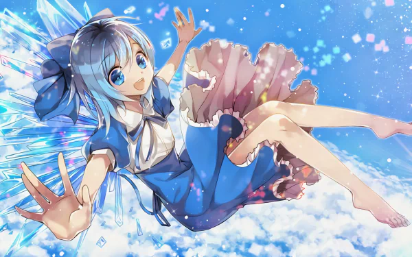 HD wallpaper featuring Cirno from Touhou, an anime character, joyfully floating against a vibrant blue sky with sparkling elements and fluffy clouds.