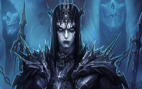 Dark fantasy HD wallpaper featuring an evil demon in spiked blue armor with a skull-adorned crown and glowing eyes, surrounded by ominous skulls in a shadowy backdrop.