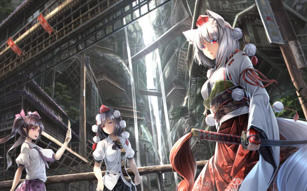 A stunning HD wallpaper featuring Aya Shameimaru, Momiji Inubashiri, and Hatate Himekaidou from the Touhou anime, set against a vibrant background with an enchanting waterfall.