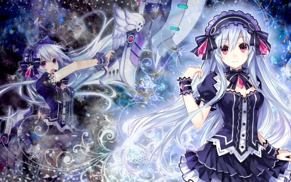 A vibrant HD wallpaper featuring a character from Fairy Fencer F with long white hair, pink eyes, and a tiara, set against a mystical background filled with swirling colors.