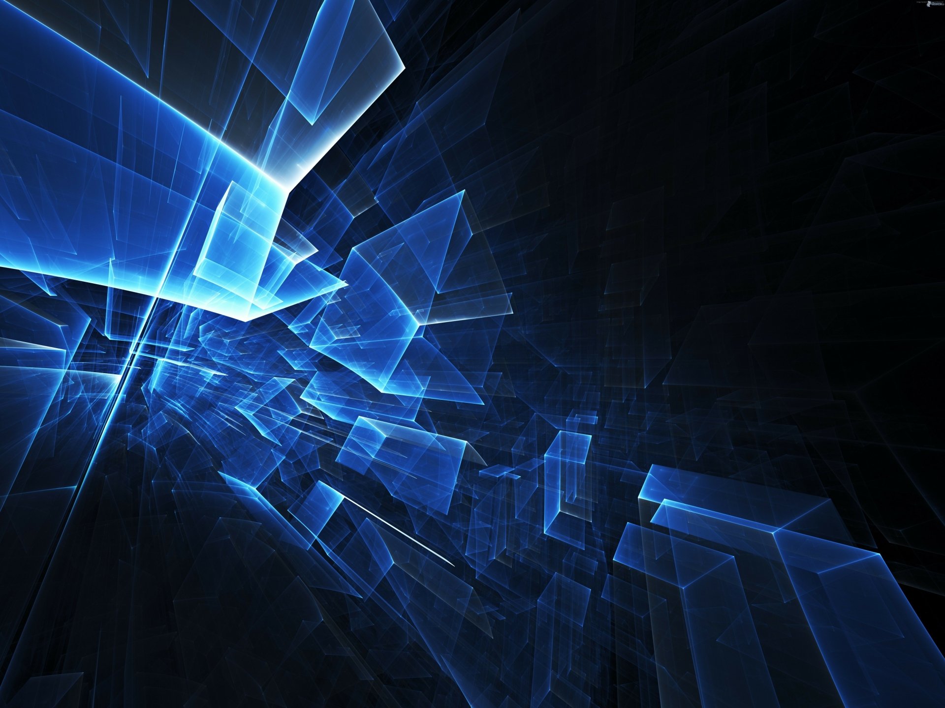 An abstract CGI design featuring dynamic blue geometric shapes set against a dark background, creating a striking 3D effect for an HD desktop wallpaper.