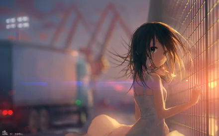 HD desktop wallpaper of an anime girl with dark hair, looking back while leaning against a fence during sunset. Background features blurred industrial elements and a truck.