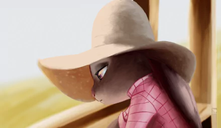A serene HD wallpaper featuring Judy Hopps from the movie Zootopia, showcasing her in a thoughtful pose, wearing a wide-brimmed hat and a checkered shirt.