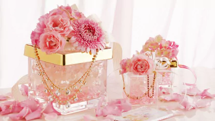 HD desktop wallpaper featuring pink chrysanthemum and rose petals arranged in glass containers adorned with gold and diamond jewelry in a delicate still life composition.