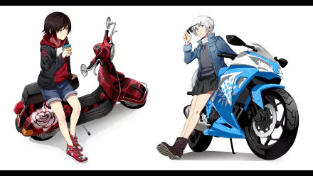 Two characters from RWBY are depicted in a vibrant scene: Ruby Rose relaxes on a red scooter while Weiss Schnee poses with a sleek blue motorcycle. A dynamic anime style highlights their personalities.