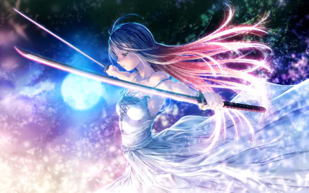 A warrior woman with long white hair and green eyes, dressed in a flowing white dress, wields a katana in a mystical, colorful background inspired by anime and Pixiv Fantasia.
