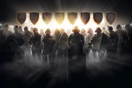 HD desktop wallpaper of Tom Clancy's Rainbow Six: Siege, featuring a lineup of operators standing in a smoky background with faction icons above them.
