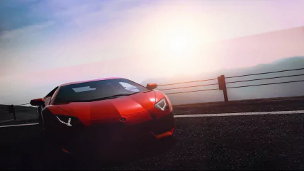 A red Lamborghini Aventador LP 700-4 captured at sunset on a road, showcased in 4K Ultra HD as a striking PC desktop wallpaper and background.
