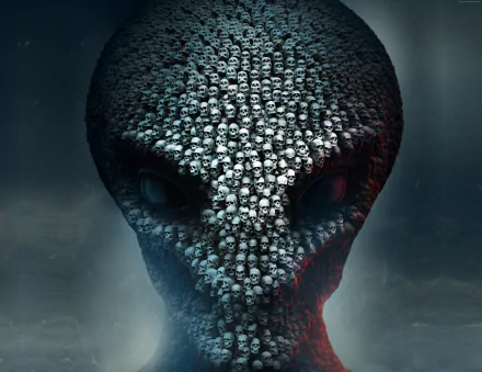 A detailed 4K Ultra HD wallpaper featuring a skull-patterned alien head, inspired by the video game XCOM 2, evoking a sense of eerie intrigue.