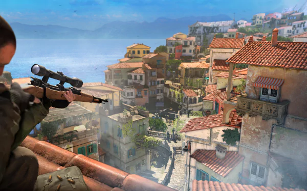 A stunning 4K Ultra HD wallpaper from Sniper Elite 4, featuring a sniper poised on a rooftop, overlooking a picturesque coastal town with vibrant buildings and a clear blue sky.