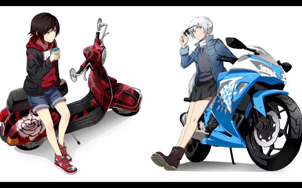 Two characters from RWBY are depicted in a vibrant scene: Ruby Rose relaxes on a red scooter while Weiss Schnee poses with a sleek blue motorcycle. A dynamic anime style highlights their personalities.
