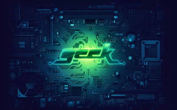 A vibrant HD wallpaper featuring a circuit-themed motherboard design with the word geek illuminated in green, emphasizing technology and electronic aesthetics.