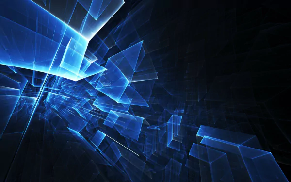 An abstract CGI design featuring dynamic blue geometric shapes set against a dark background, creating a striking 3D effect for an HD desktop wallpaper.