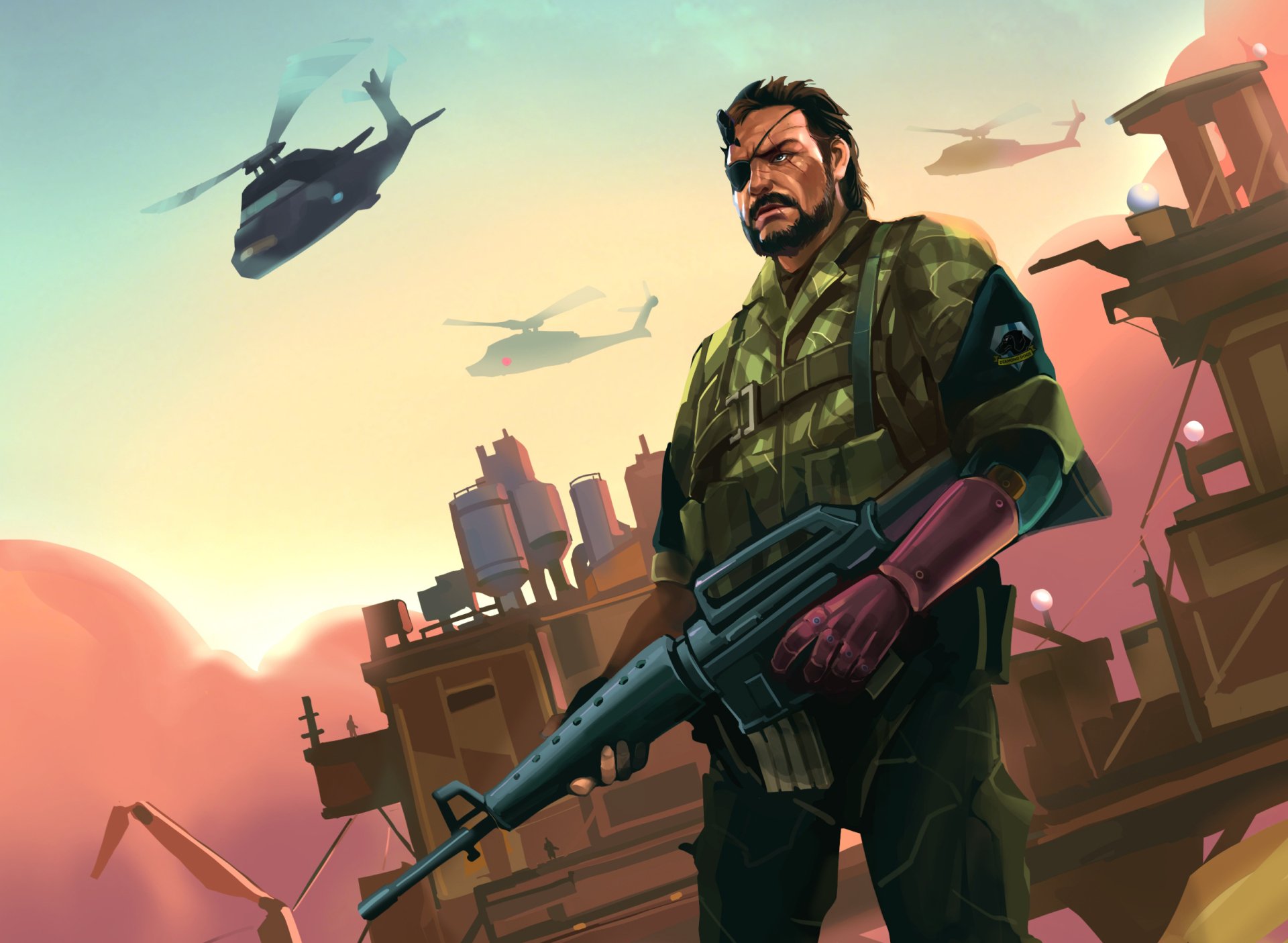 A soldier stands confidently, holding a weapon, with helicopters flying overhead. This HD wallpaper features Big Boss from Metal Gear Solid V: The Phantom Pain, set against a dramatic background.