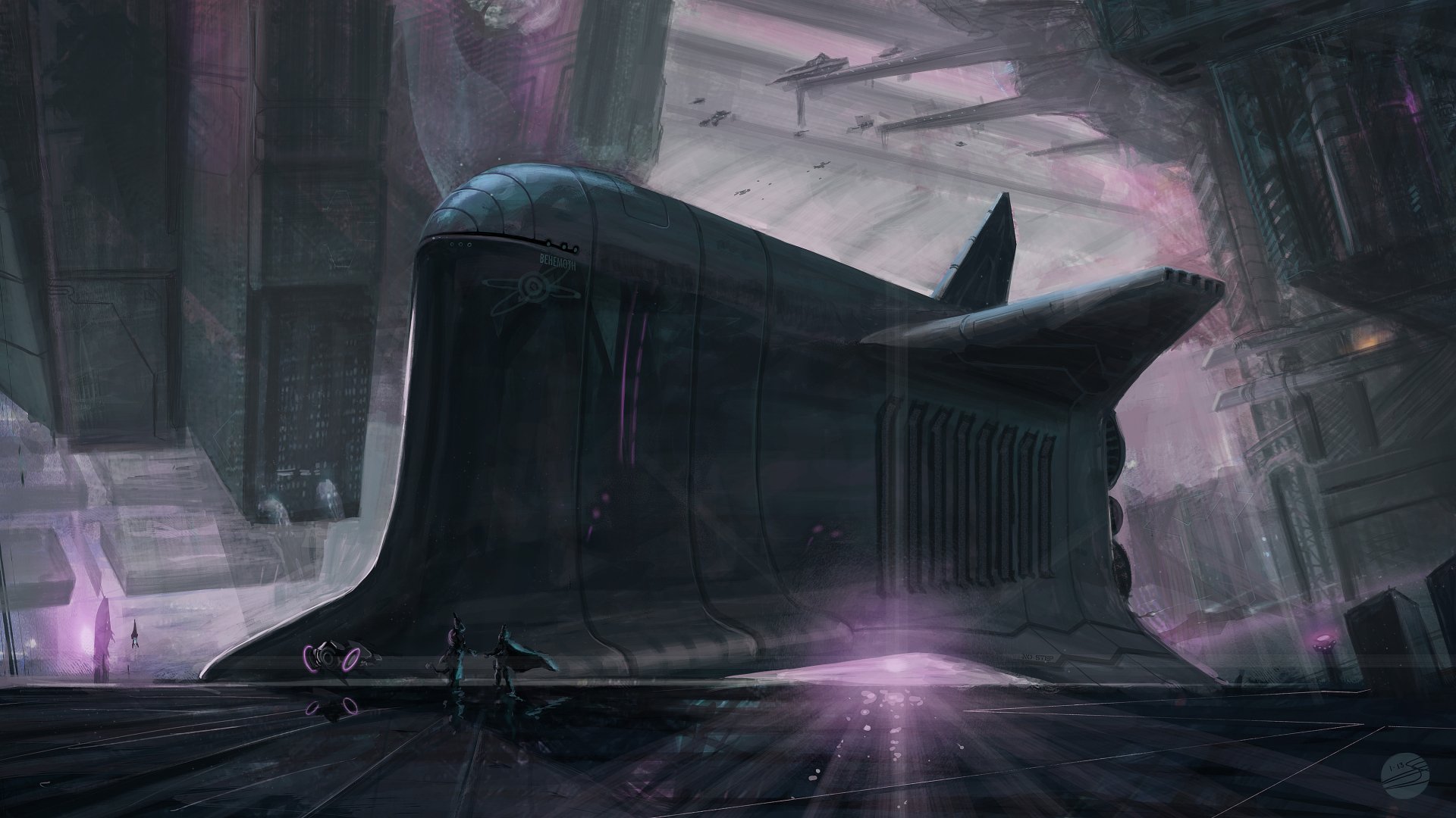 A sleek spaceship rests inside a futuristic spaceport at sunrise, rendered in stunning 4K Ultra HD with a Sci-Fi atmosphere for a dramatic PC desktop background.