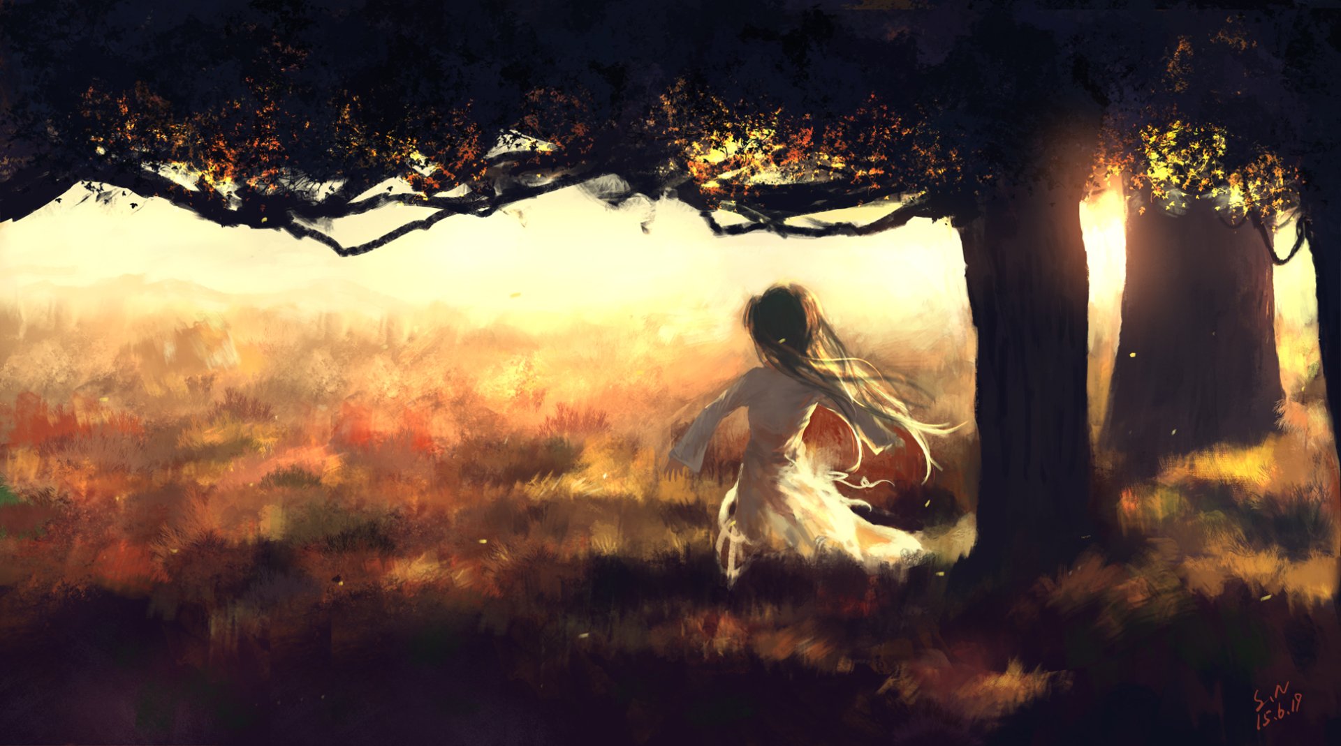 An original anime-style HD desktop wallpaper depicting a girl sitting under a tree, gazing at a vibrant sunset with warm, glowing colors.