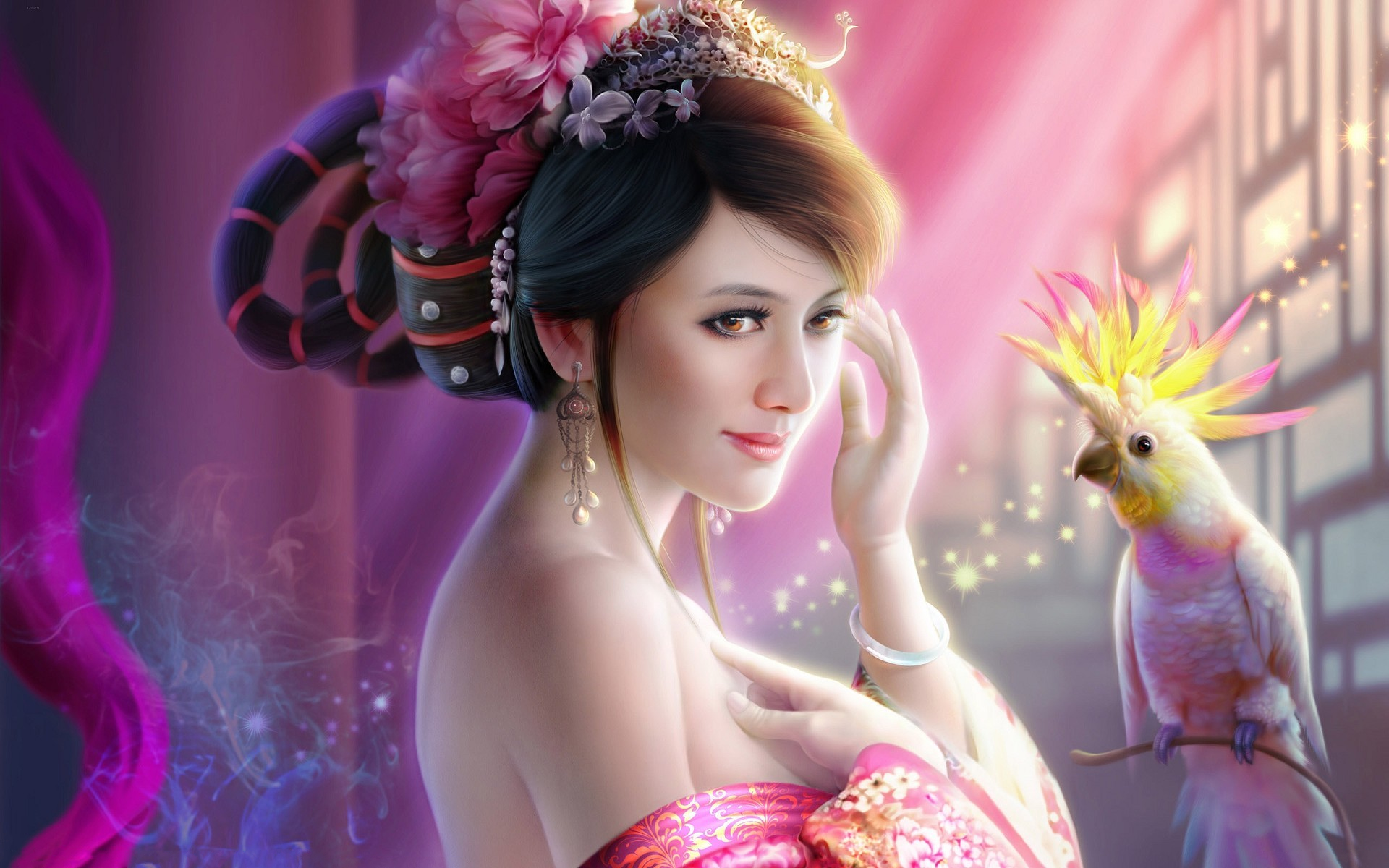 A fantasy-themed HD wallpaper featuring a brunette woman adorned in vibrant attire, surrounded by enchanting light, with a colorful parrot perched nearby.
