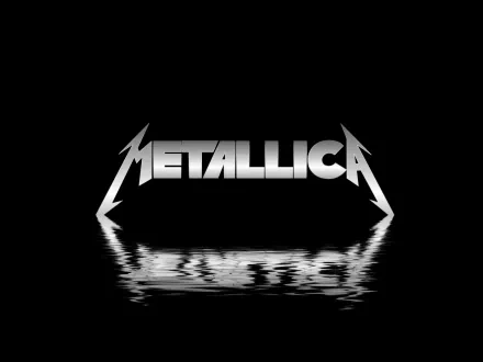 HD desktop wallpaper featuring the Metallica logo in metallic gray with a reflective water effect on a black background.