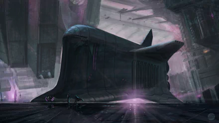 A sleek spaceship rests inside a futuristic spaceport at sunrise, rendered in stunning 4K Ultra HD with a Sci-Fi atmosphere for a dramatic PC desktop background.