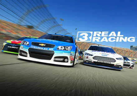 Dynamic HD wallpaper featuring intense racing action from Real Racing 3, showcasing high-performance cars on a racetrack with the game's logo prominently displayed.