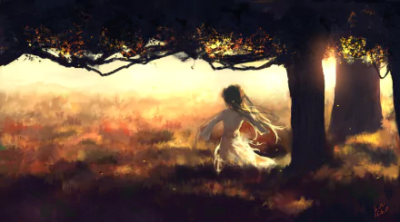 An original anime-style HD desktop wallpaper depicting a girl sitting under a tree, gazing at a vibrant sunset with warm, glowing colors.