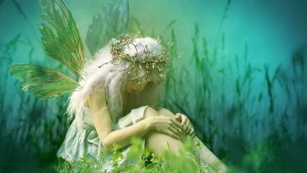 A sorrowful fairy with ethereal wings and a floral wreath sits contemplatively in a lush, green setting, creating a captivating fantasy scene for a serene wallpaper background.
