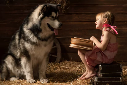 A little girl in a pink dress sits on stacked books inside a barn, reading to a large, attentive dog in this 4K Ultra HD photography wallpaper.