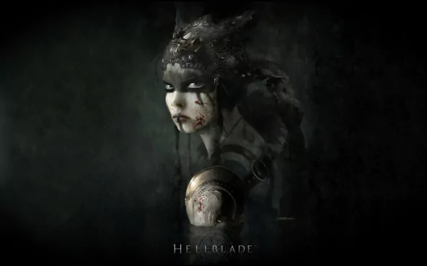 HD PC desktop wallpaper featuring Senua from the video game Hellblade: Senua's Sacrifice, showcasing her dark, intense character design against a shadowy background.