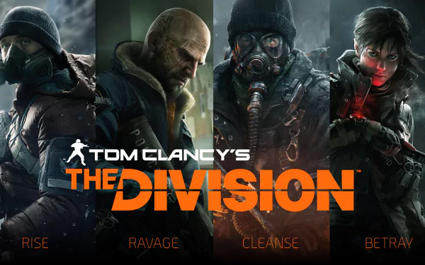 HD wallpaper featuring characters from Tom Clancy's The Division, showcasing themes of survival and conflict with the tagline Rise, Ravage, Cleanse, Betray.