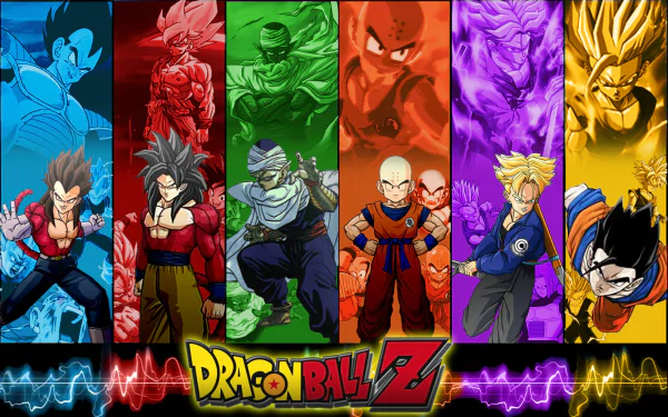 A vibrant Dragon Ball Z HD wallpaper featuring iconic characters in dynamic poses, set against colorful backgrounds representing their unique powers and personalities.