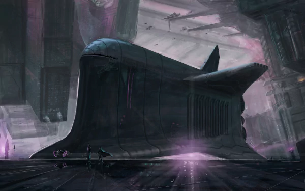 A sleek spaceship rests inside a futuristic spaceport at sunrise, rendered in stunning 4K Ultra HD with a Sci-Fi atmosphere for a dramatic PC desktop background.