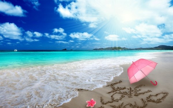 Photography Love Beach Tropical Ocean Turquoise Sunshine Umbrella Pink Plumeria Frangipani HD Wallpaper | Background Image