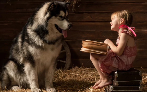 A little girl in a pink dress sits on stacked books inside a barn, reading to a large, attentive dog in this 4K Ultra HD photography wallpaper.