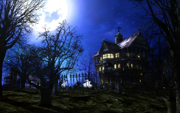 A dark, haunted house surrounded by bare trees under a glowing blue moon, with a ghostly figure near an iron fence in this HD PC desktop wallpaper.