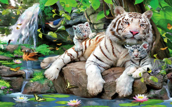 A vibrant HD wallpaper featuring a white tiger and its cubs resting on rock near a pond with water lilies. Surrounding them are butterflies, a bird, and lush leaves under a tree.