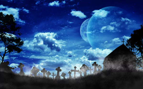 Dark fantasy HD desktop wallpaper: blue night cemetery silhouettes—crosses, gravestones, trees and a church—under stars, clouds and a looming planet.