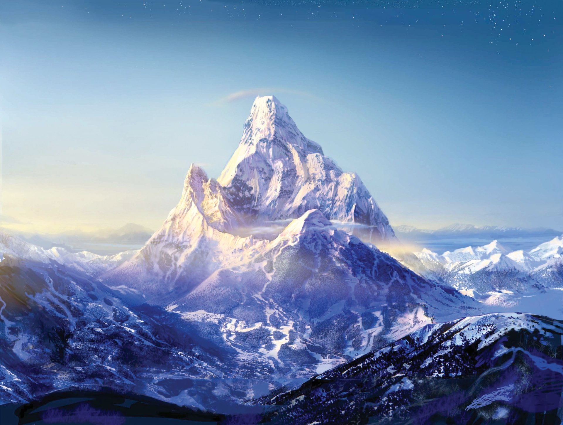 2K Quad HD PC desktop wallpaper: big snow-covered mountain from the SSX 3 video game, dramatic alpine peaks glowing in soft sunrise light.