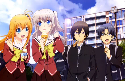 An HD wallpaper featuring characters Joujirou Takajou, Yū Otosaka, Yusa Kurobane, and Nao Tomori from the anime Charlotte. They are standing in front of a building under a clear blue sky.