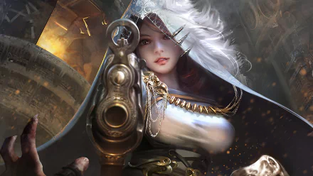 A stunning woman warrior in a fantasy setting, featuring striking silver hair and intricate armor. This HD desktop wallpaper showcases her fierce presence and captivating details.