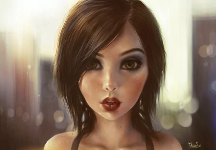 A close-up of a brunette with striking brown eyes, depicted in an artistic painting style, creating a captivating 4K Ultra HD desktop wallpaper and background.