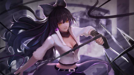 Blake Belladonna in her Intruder outfit from RWBY, wielding weapons with an intense expression, set against a dynamic background. A striking HD wallpaper for anime fans.