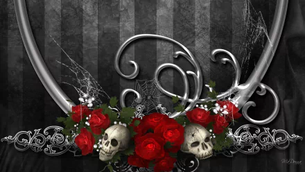 A dark gothic wallpaper featuring red roses and skulls, entwined with intricate designs and spiderwebs, set against a textured black striped background.