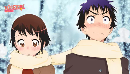 Raku Ichijō and Kosaki Onodera from the anime Nisekoi share a moment in this HD wallpaper, featuring a snowy backdrop and charming expressions.