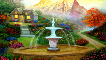 HD desktop wallpaper depicting an artistic painting of a cottage with a fountain, vibrant flowers, trees, and majestic mountains in the background.