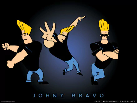 HD desktop wallpaper featuring three poses of the animated character Johnny Bravo against a dark background.
