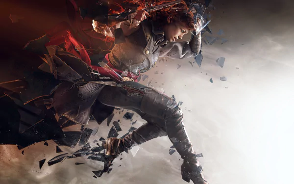 Élise de la Serre leaps dynamically through a fragmented background in this HD wallpaper from the video game Assassin's Creed: Unity, capturing the essence of action and intrigue.