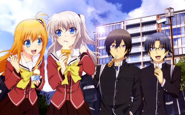 An HD wallpaper featuring characters Joujirou Takajou, Yū Otosaka, Yusa Kurobane, and Nao Tomori from the anime Charlotte. They are standing in front of a building under a clear blue sky.