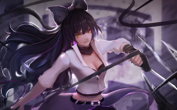 Blake Belladonna in her Intruder outfit from RWBY, wielding weapons with an intense expression, set against a dynamic background. A striking HD wallpaper for anime fans.